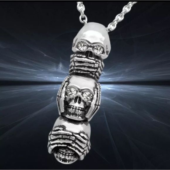 Silver titanium and skulls see hear speak no evil totem boho goth punk necklace - Picture 1 of 4
